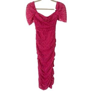 Hello Molly Deep Pink Lace Flutter Sleeve Ruched Milkmaid Coquette XS/2 Dress